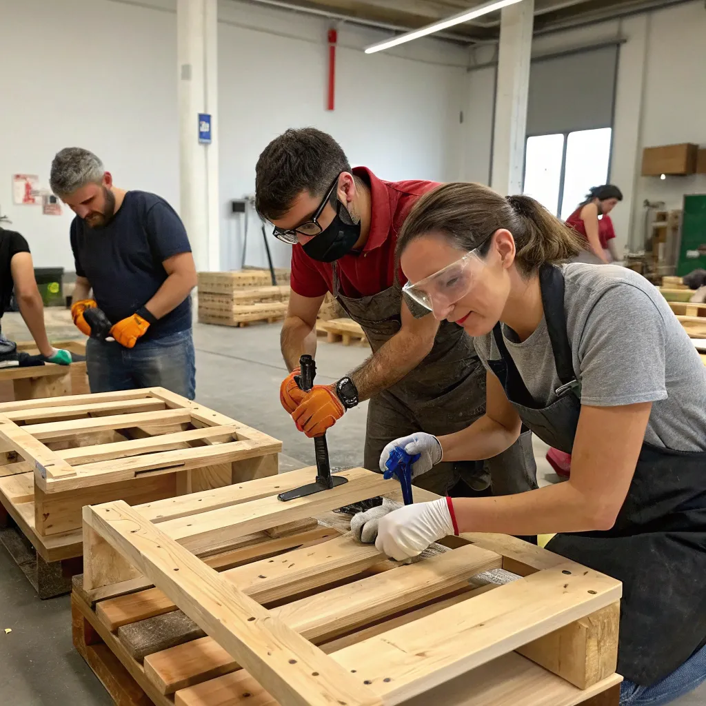 Workshop participants creating pallet furniture